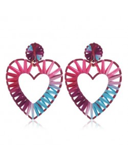 Threads Weaving Hollow Heart Design Women Fashion Statement Earrings - Dark Multicolor