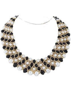 Artificial Pearl and Crystal Beads Four Rows Weaving Pattern Design Women Costume Necklace - White and Black