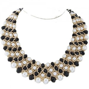 Artificial Pearl and Crystal Beads Four Rows Weaving Pattern Design Women Costume Necklace - White and Black