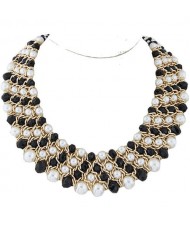 Artificial Pearl and Crystal Beads Four Rows Weaving Pattern Design Women Costume Necklace - White and Black