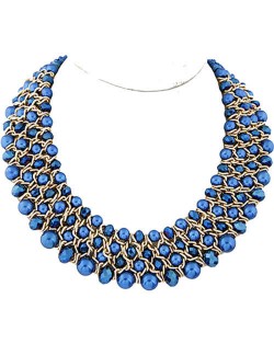 Artificial Pearl and Crystal Beads Four Rows Weaving Pattern Design Women Costume Necklace - Ink Blue