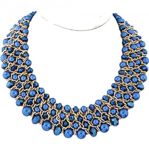 Artificial Pearl and Crystal Beads Four Rows Weaving Pattern Design Women Costume Necklace - Ink Blue