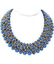 Artificial Pearl and Crystal Beads Four Rows Weaving Pattern Design Women Costume Necklace - Ink Blue