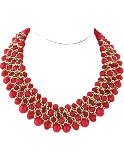 Artificial Pearl and Crystal Beads Four Rows Weaving Pattern Design Women Costume Necklace - Red