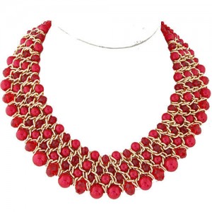 Artificial Pearl and Crystal Beads Four Rows Weaving Pattern Design Women Costume Necklace - Red