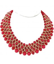 Artificial Pearl and Crystal Beads Four Rows Weaving Pattern Design Women Costume Necklace - Red