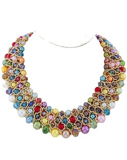 Artificial Pearl and Crystal Beads Four Rows Weaving Pattern Design Women Costume Necklace - Multicolor