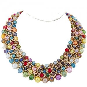 Artificial Pearl and Crystal Beads Four Rows Weaving Pattern Design Women Costume Necklace - Multicolor