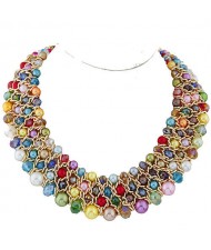 Artificial Pearl and Crystal Beads Four Rows Weaving Pattern Design Women Costume Necklace - Multicolor