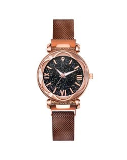 Roman Numeral Starry Design Index High Fashion Women Wrist Watch - Golden