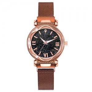 Roman Numeral Starry Design Index High Fashion Women Wrist Watch - Golden