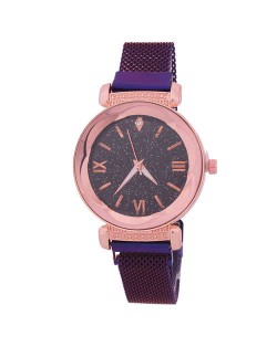 Roman Numeral Starry Design Index High Fashion Women Wrist Watch - Purple