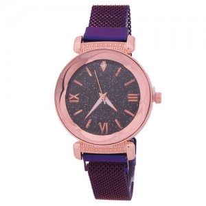 Roman Numeral Starry Design Index High Fashion Women Wrist Watch - Purple