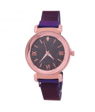 Roman Numeral Starry Design Index High Fashion Women Wrist Watch - Purple