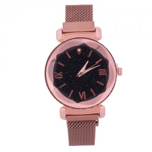 Roman Numeral Starry Design Index High Fashion Women Wrist Watch - Rose Gold