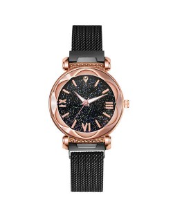 Roman Numeral Starry Design Index High Fashion Women Wrist Watch - Black