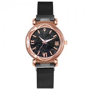 Roman Numeral Starry Design Index High Fashion Women Wrist Watch - Black