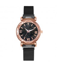 Roman Numeral Starry Design Index High Fashion Women Wrist Watch - Black