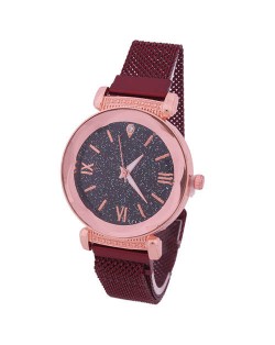 Roman Numeral Starry Design Index High Fashion Women Wrist Watch - Red