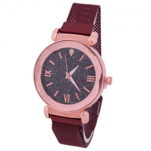Roman Numeral Starry Design Index High Fashion Women Wrist Watch - Red