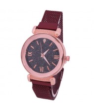 Roman Numeral Starry Design Index High Fashion Women Wrist Watch - Red