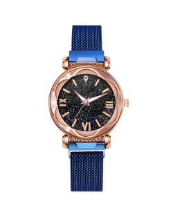 Roman Numeral Starry Design Index High Fashion Women Wrist Watch - Blue