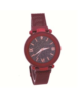 Starry Design Index Casual Fashion Magnetic Buckle Women Wrist Watch - Red