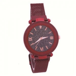 Starry Design Index Casual Fashion Magnetic Buckle Women Wrist Watch - Red