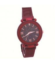 Starry Design Index Casual Fashion Magnetic Buckle Women Wrist Watch - Red