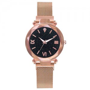 Starry Design Index Casual Fashion Magnetic Buckle Women Wrist Watch - Golden