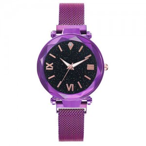 Starry Design Index Casual Fashion Magnetic Buckle Women Wrist Watch - Violet