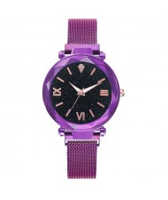 Starry Design Index Casual Fashion Magnetic Buckle Women Wrist Watch - Violet