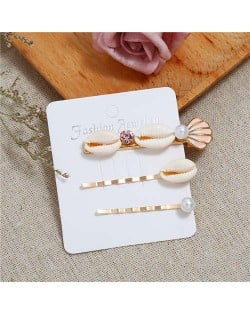 Korean High Fashion Seashell Design Women Hair Clip and Barrette Combo Set - Pink