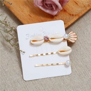 Korean High Fashion Seashell Design Women Hair Clip and Barrette Combo Set - Pink
