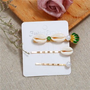 Korean High Fashion Seashell Design Women Hair Clip and Barrette Combo Set - Green