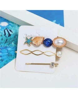 Seashell and Starfish Decorated Korean Fashion Women Hair Clip and Barrette Combo Set - Blue