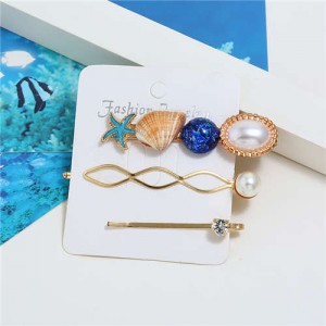Seashell and Starfish Decorated Korean Fashion Women Hair Clip and Barrette Combo Set - Blue