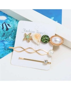 Seashell and Starfish Decorated Korean Fashion Women Hair Clip and Barrette Combo Set - Green