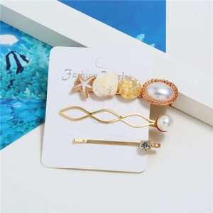 Seashell and Starfish Decorated Korean Fashion Women Hair Clip and Barrette Combo Set - Yellow