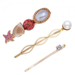 Seashell and Starfish Decorated Korean Fashion Women Hair Clip and Barrette Combo Set - Red
