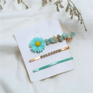 Sunflower Decorated High Fashion Women Hair Clip and Barrette Combo Set - Green