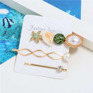 Korean High Fashion Ocean Elements Design Women Hair Clip and Barrette Combo Set - Green