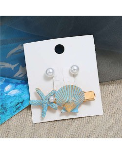 Seashell and Pearl Combo Women Elegant Hair Barrette - Blue