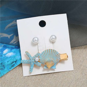 Seashell and Pearl Combo Women Elegant Hair Barrette - Blue