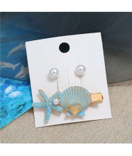 Seashell and Pearl Combo Women Elegant Hair Barrette - Blue