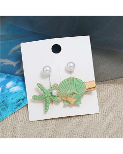 Seashell and Pearl Combo Women Elegant Hair Barrette - Green