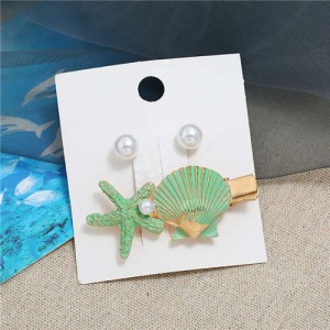 Seashell and Pearl Combo Women Elegant Hair Barrette - Green