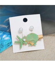 Seashell and Pearl Combo Women Elegant Hair Barrette - Green