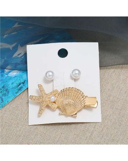 Seashell and Pearl Combo Women Elegant Hair Barrette - Golden