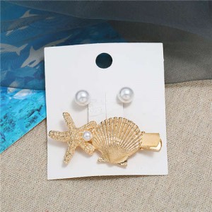 Seashell and Pearl Combo Women Elegant Hair Barrette - Golden